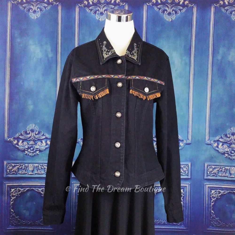 Apache L Jean Jacket Black Fringe Southwestern VTG
